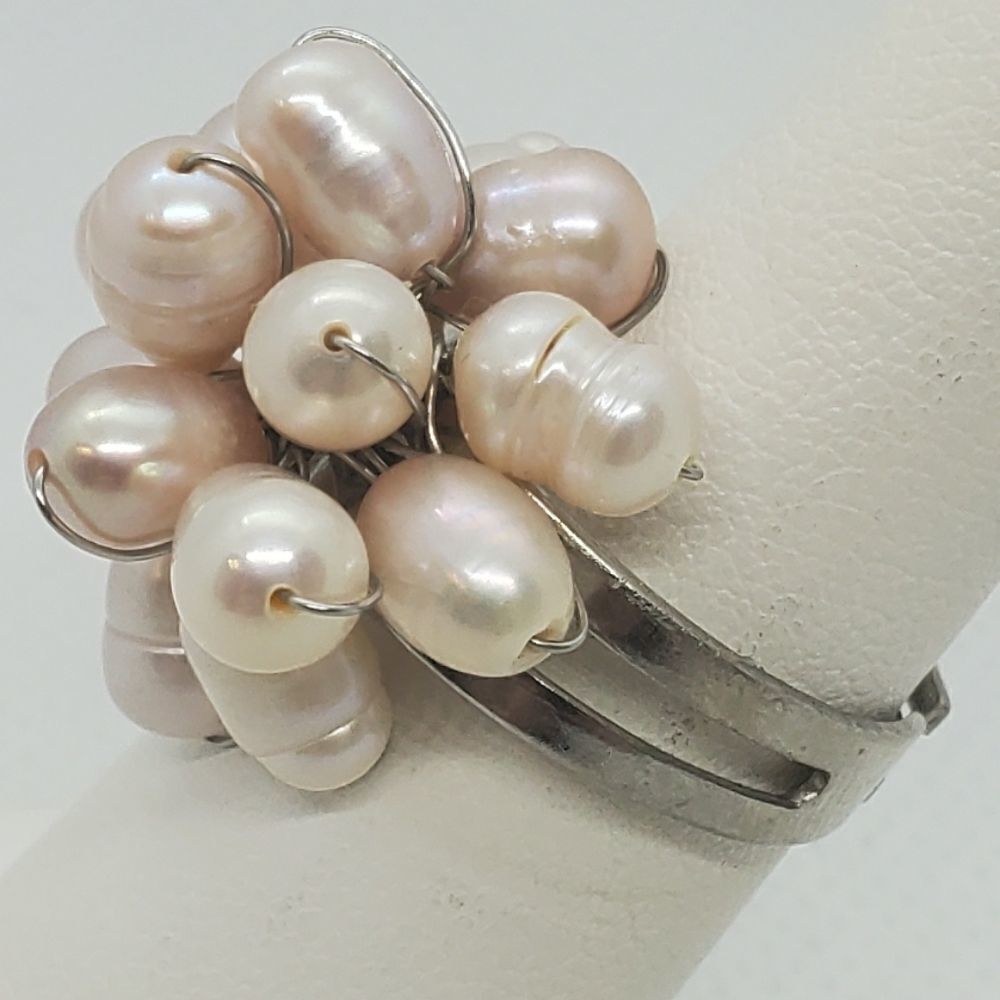 Genuine Pearl Beaded Adjustable Silver Ring - Picture 3 of 6